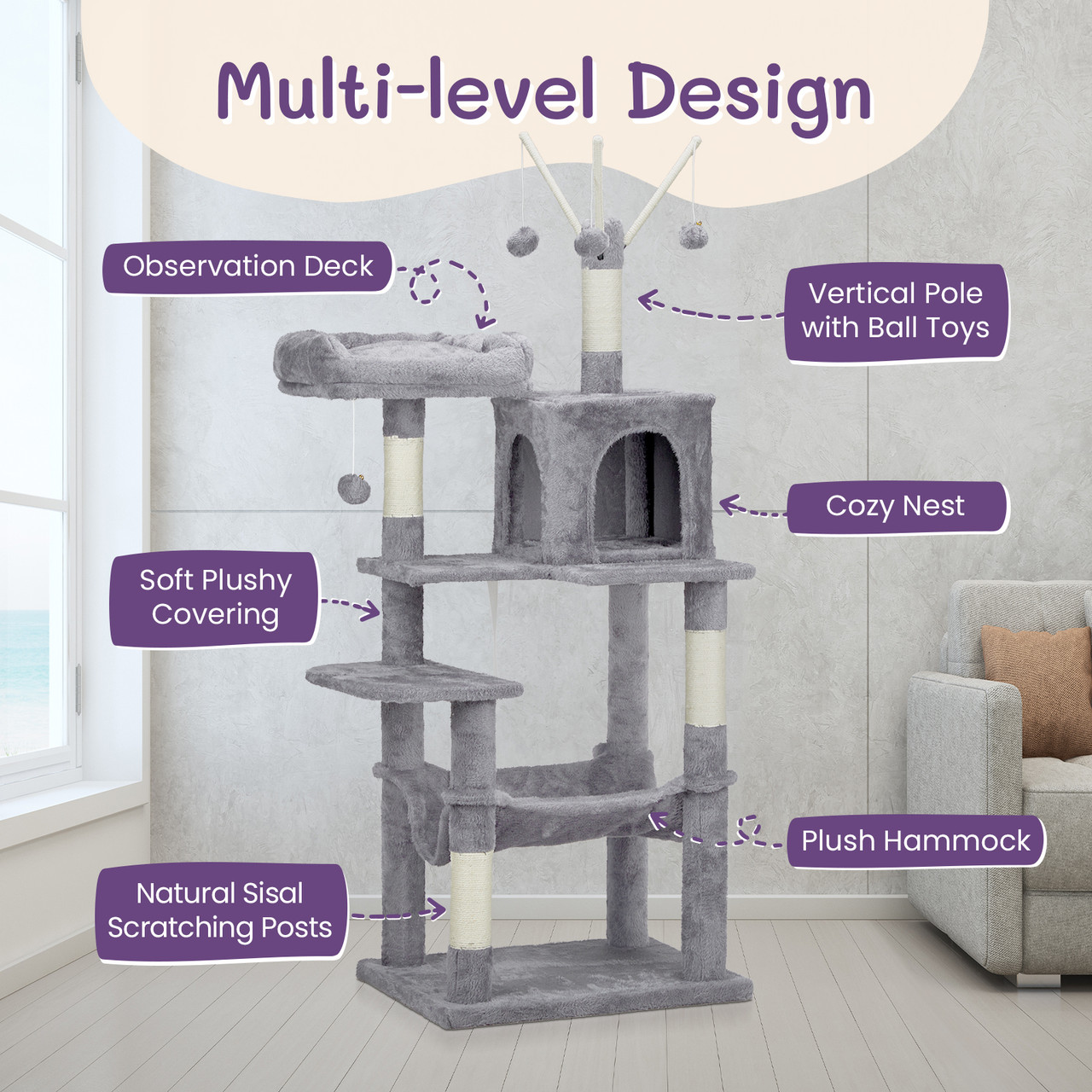 57" Cat Tree Tower with Padded Platform Bed and Sisal Scratching Posts product image