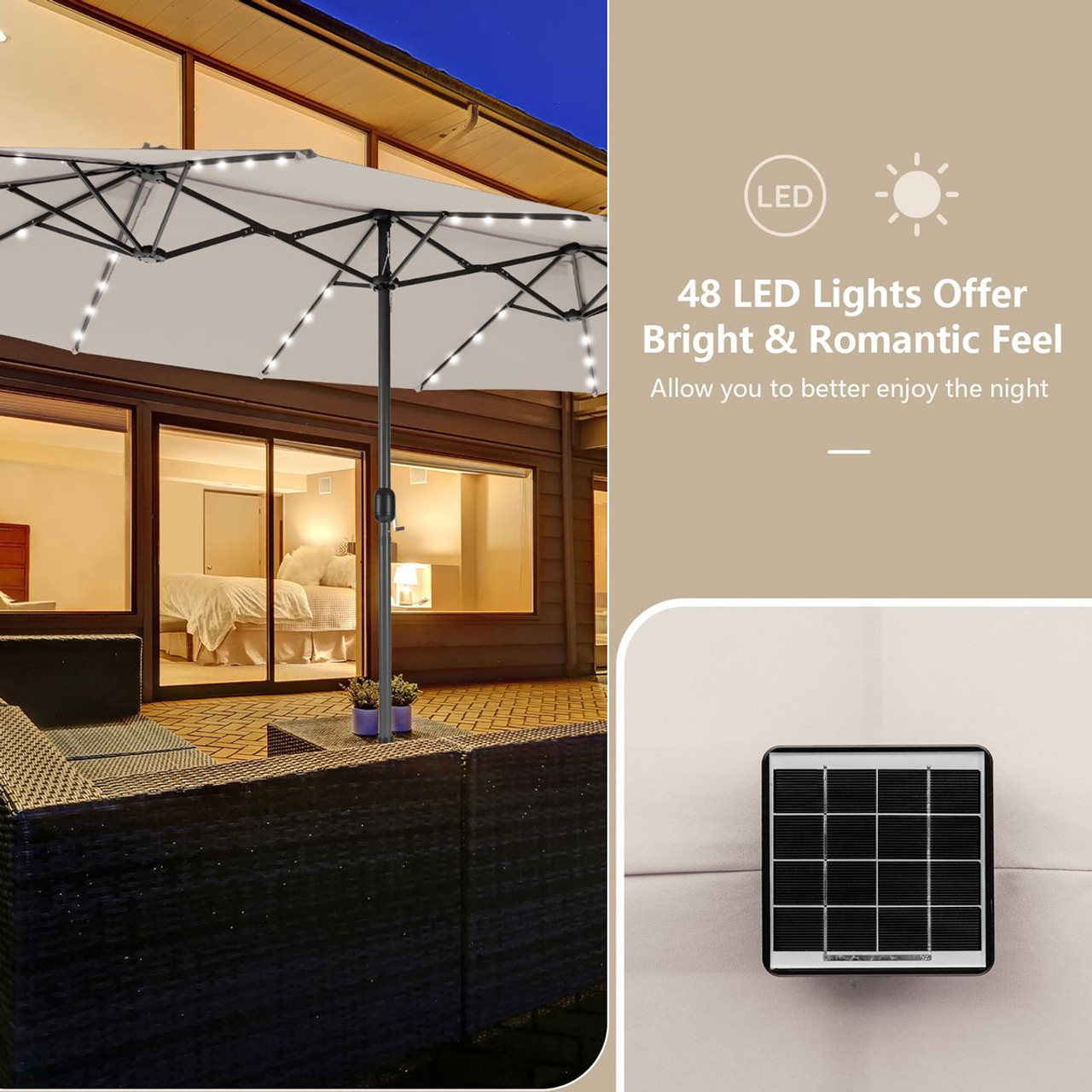 15-Foot Double-Sided Patio Umbrella with 48 Solar LED Lights product image 15-Foot Double-Sided Patio Umbrella with 48 Solar LED Lights product image