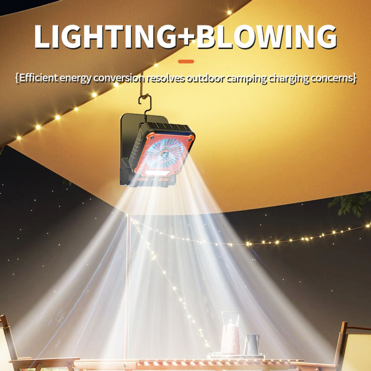 Solar Camping Fan with LED Lantern Emergency Power Bank,3 Wind Speeds 5 Light Modes,180 Degree Adjustable For Camping,Emergencies,Outdoor Color Green product image