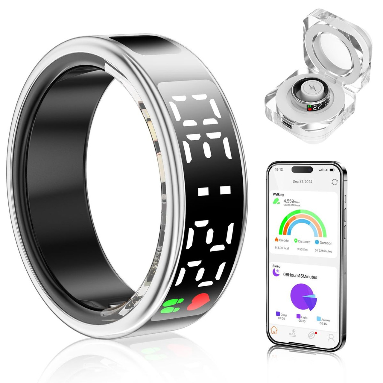 Smart Ring with Display Screen & Touch Button,Bluetooth Connection for Women Men,Fitness Tracker Sleep Monitoring Waterproof(Silver-9#) product image