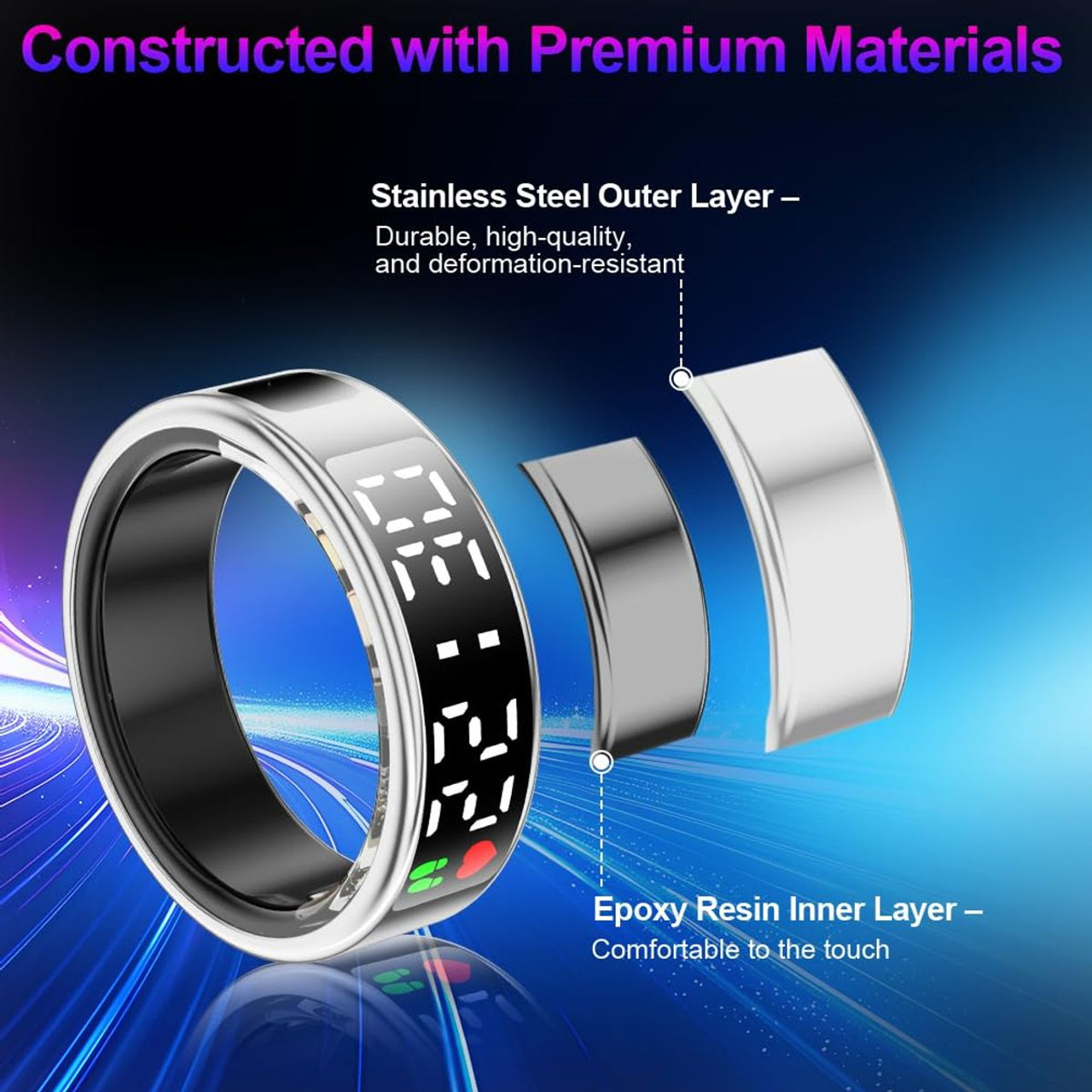 Smart Ring with Display Screen & Touch Button,Bluetooth Connection for Women Men,Fitness Tracker Sleep Monitoring Waterproof(Silver-9#) product image