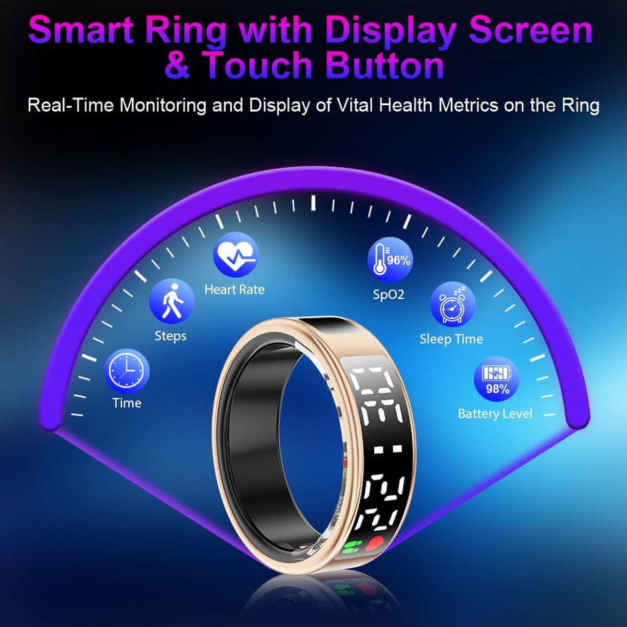 Smart Ring with Display Screen & Touch Button,Bluetooth Connection for Women Men,Fitness Tracker Sleep Monitoring Waterproof(Gold-11#) product image