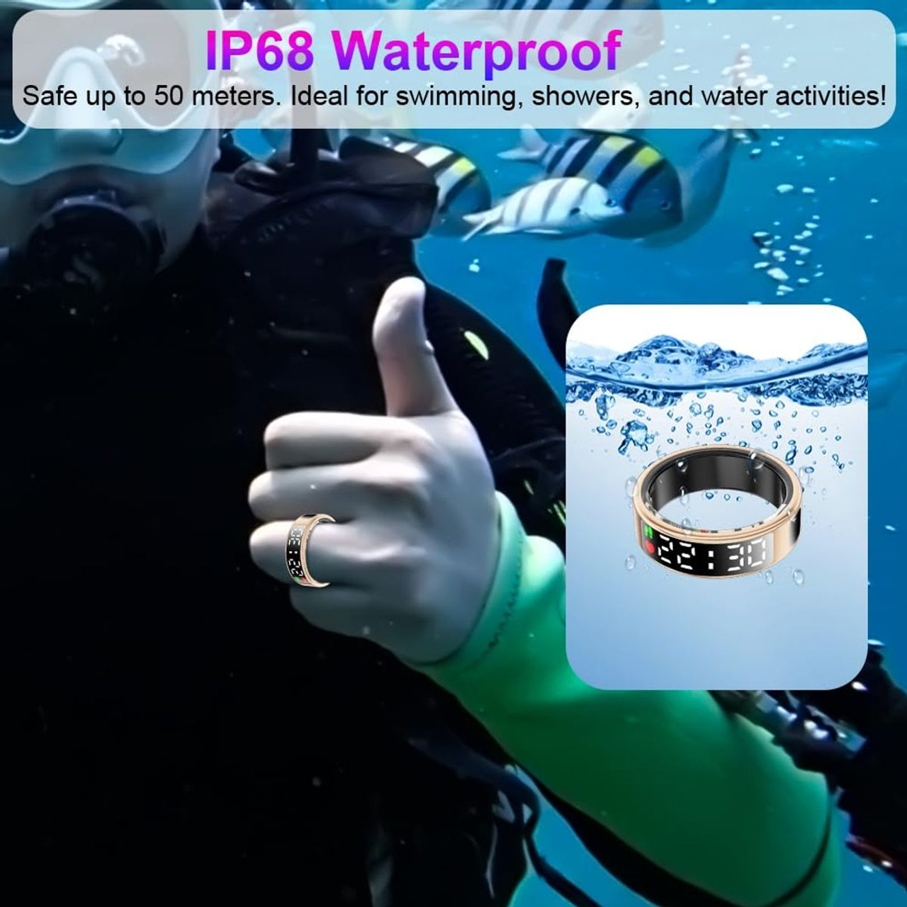 Smart Ring with Display Screen & Touch Button,Bluetooth Connection for Women Men,Fitness Tracker Sleep Monitoring Waterproof(Gold-11#) product image