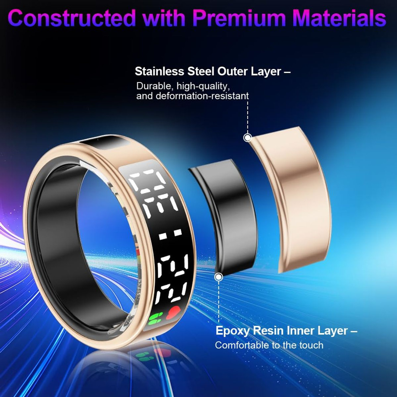 Smart Ring with Display Screen & Touch Button,Bluetooth Connection for Women Men,Fitness Tracker Sleep Monitoring Waterproof(Gold-11#) product image