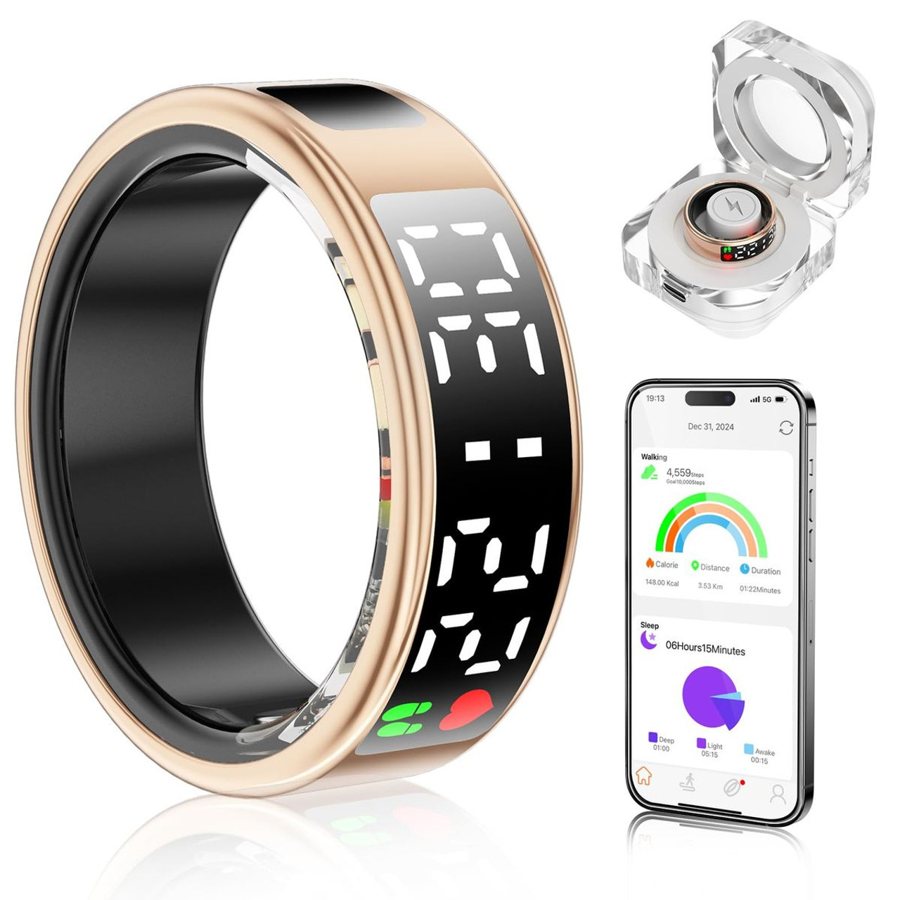 Smart Ring with Display Screen & Touch Button,Bluetooth Connection for Women Men,Fitness Tracker Sleep Monitoring Waterproof(Gold-11#) product image