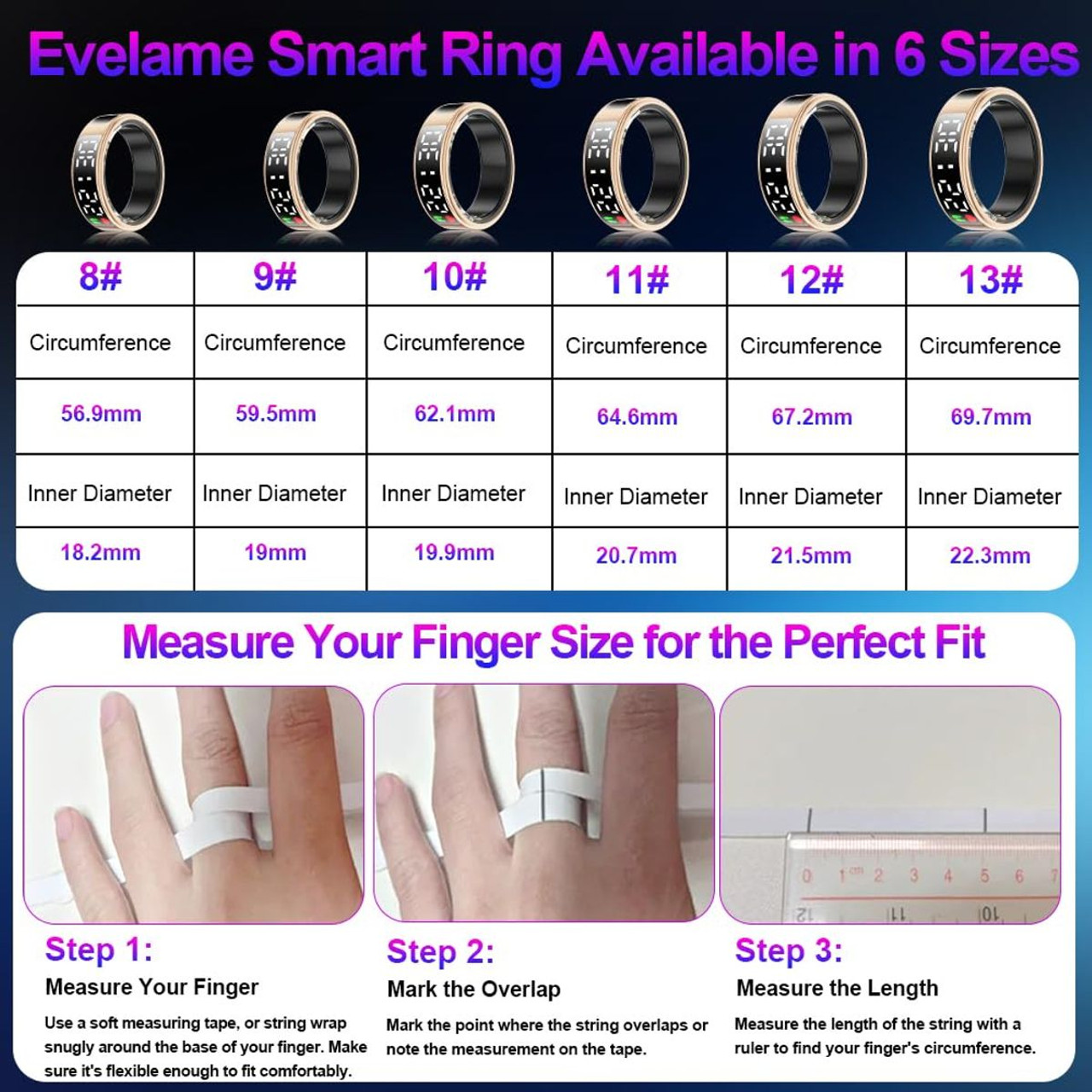 Smart Ring with Display Screen & Touch Button,Bluetooth Connection for Women Men,Fitness Tracker Sleep Monitoring Waterproof(Gold-11#) product image