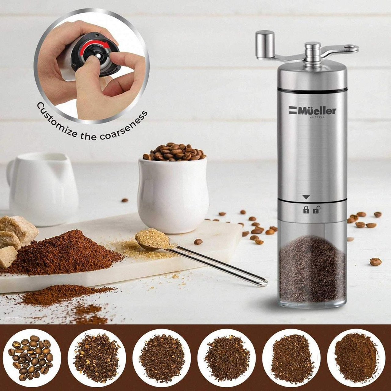 Mueller Conical Burr Adjustable Manual Stainless Steel Coffee Grinder product image
