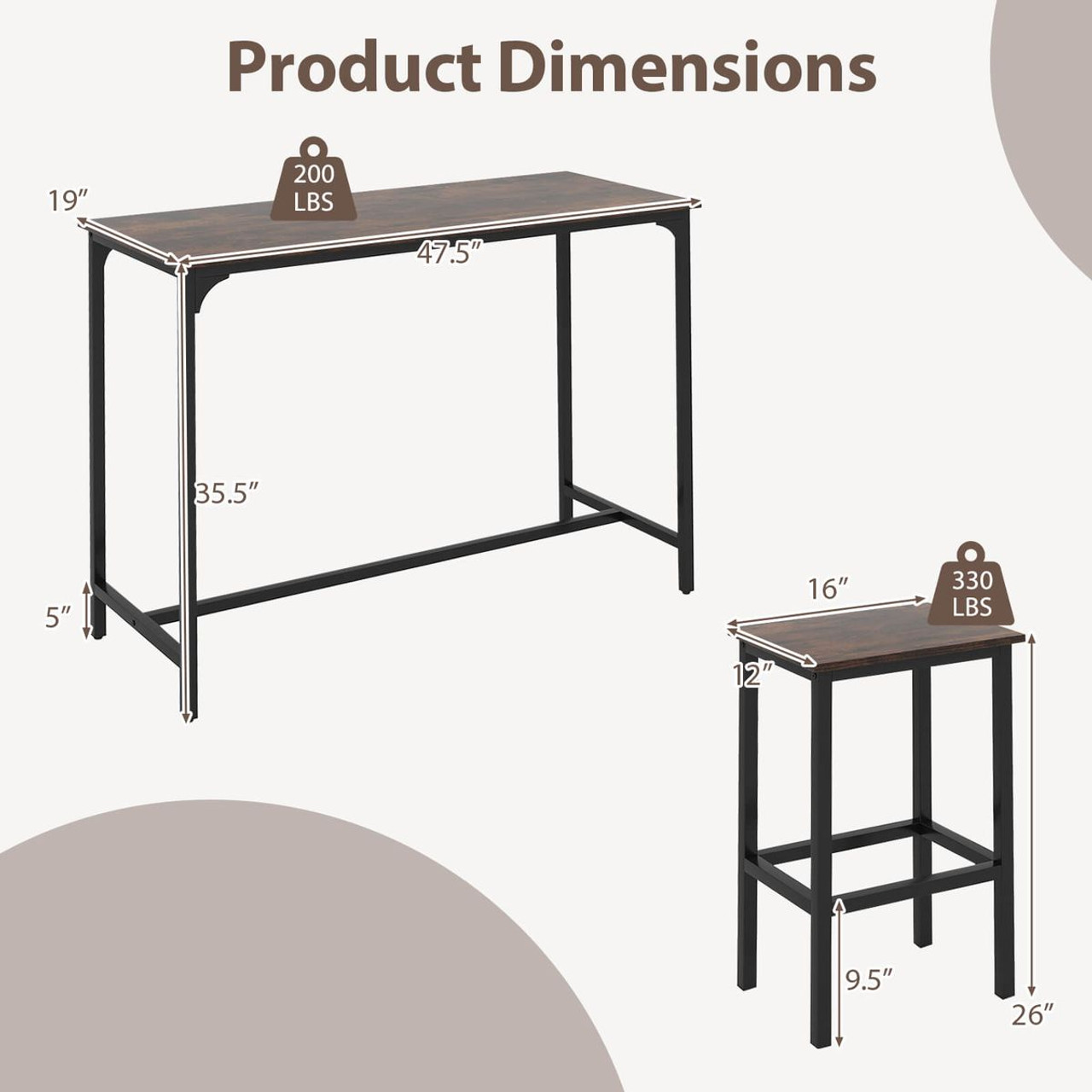 3-Piece Counter Height Table Set with with Non-Slip Footpads product image