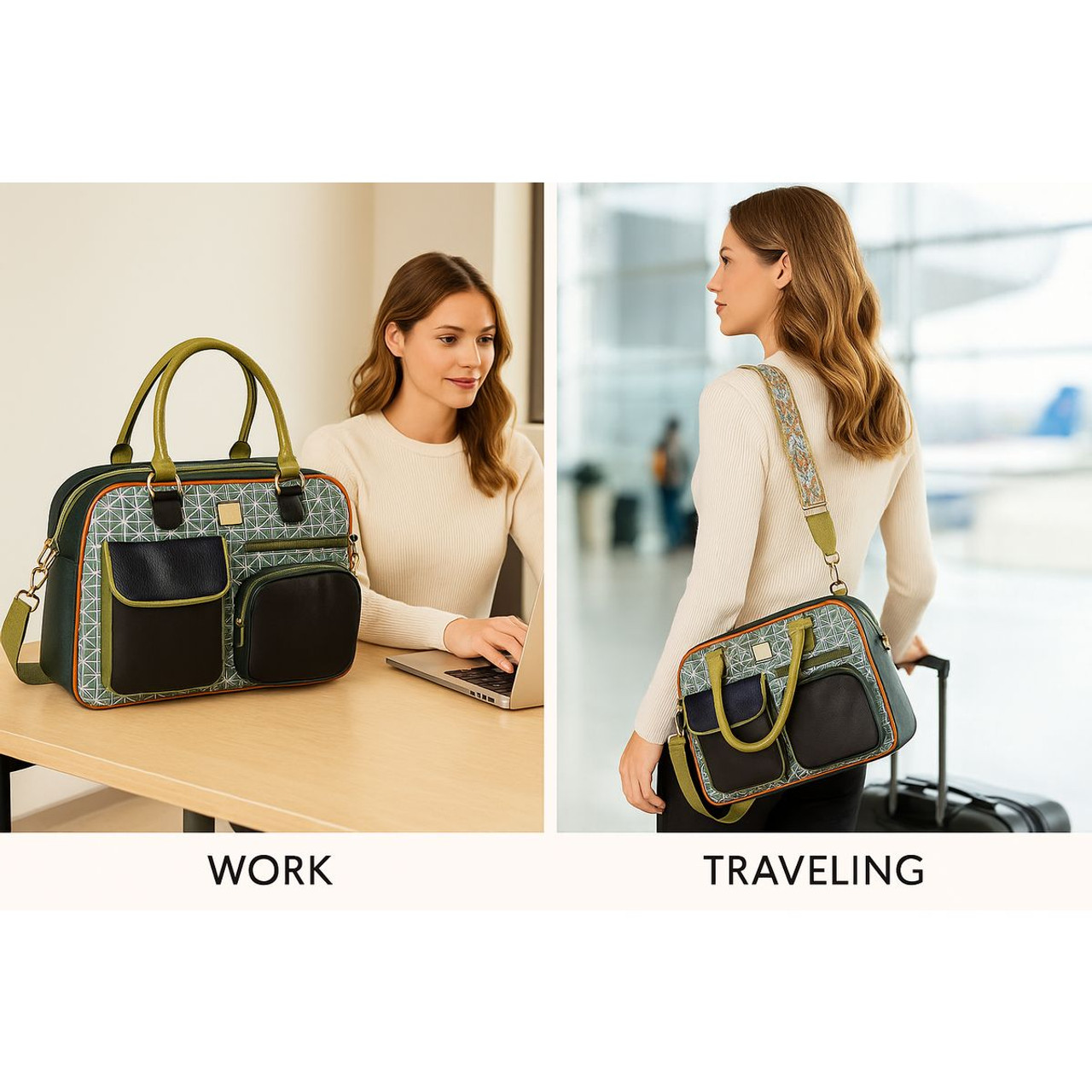 Structured Multi-Pocket Olive Accent Handbag product image