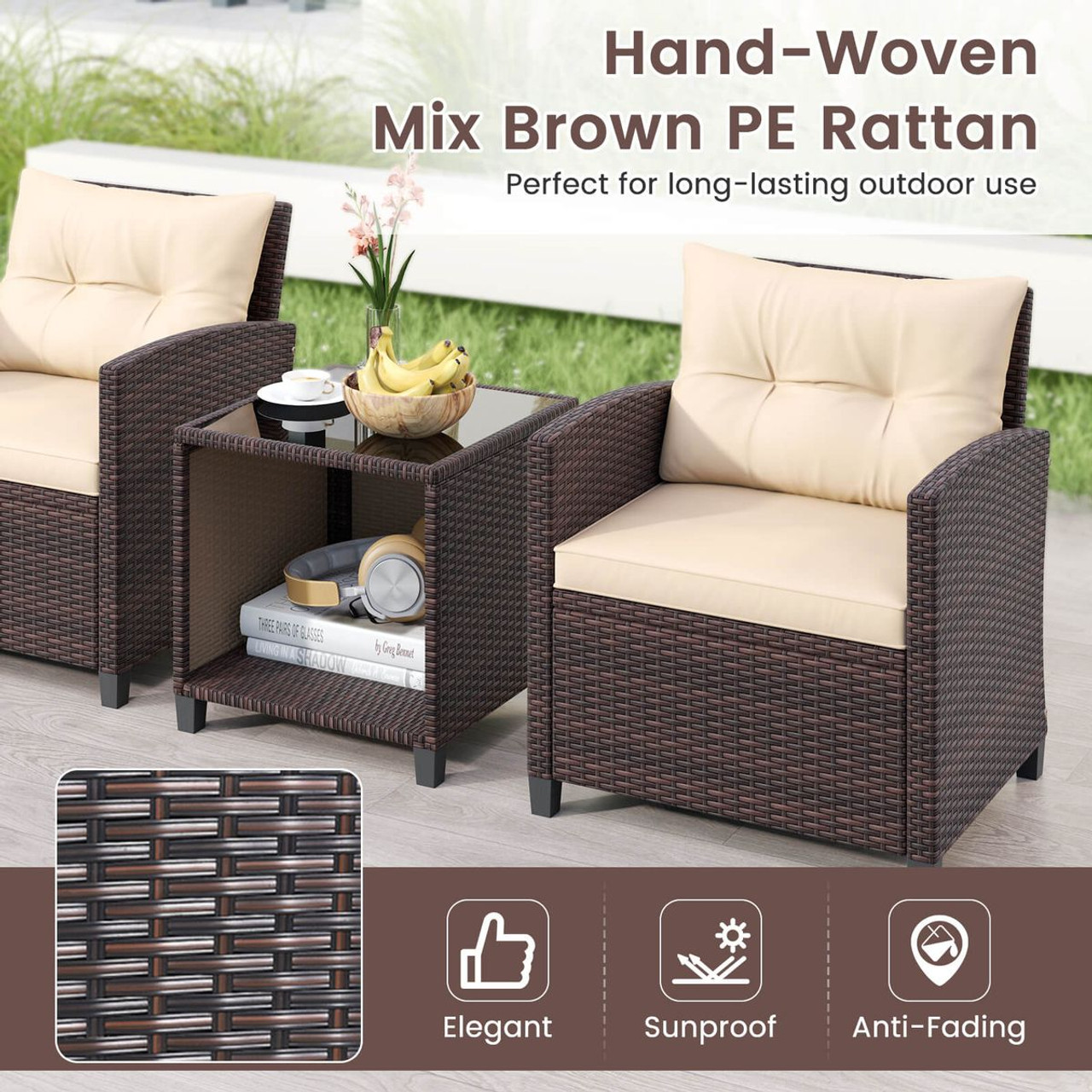 3-Piece Patio Sofa Set with Tempered Glass Tabletop product image
