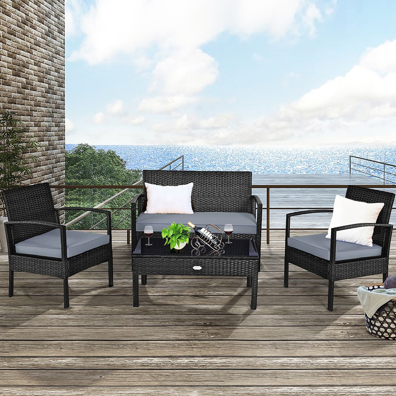 Black Rattan 4-Piece Patio Furniture Set product image