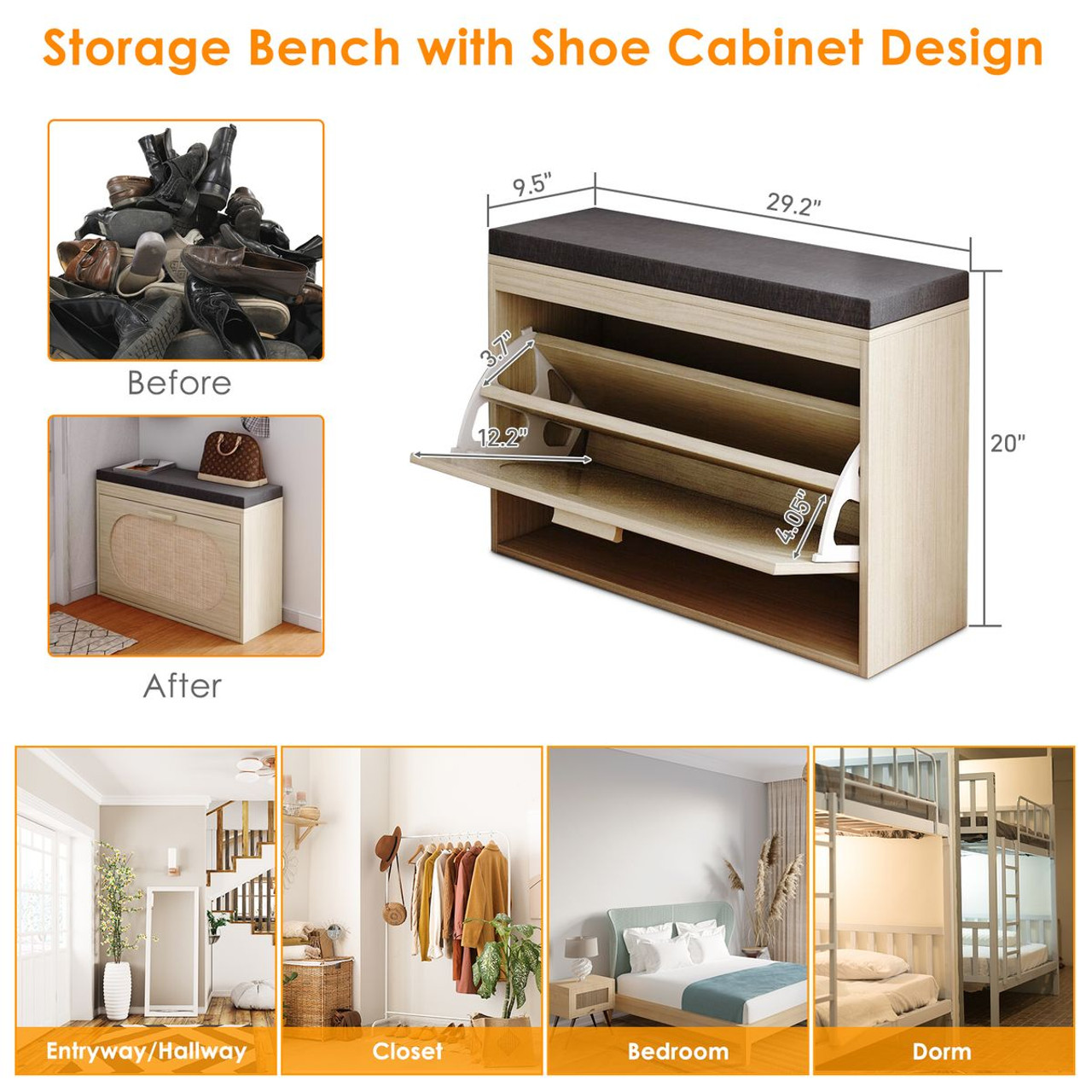 Rattan Shoe Cabinet with Flip Drawer and Padded Seat Cushion product image