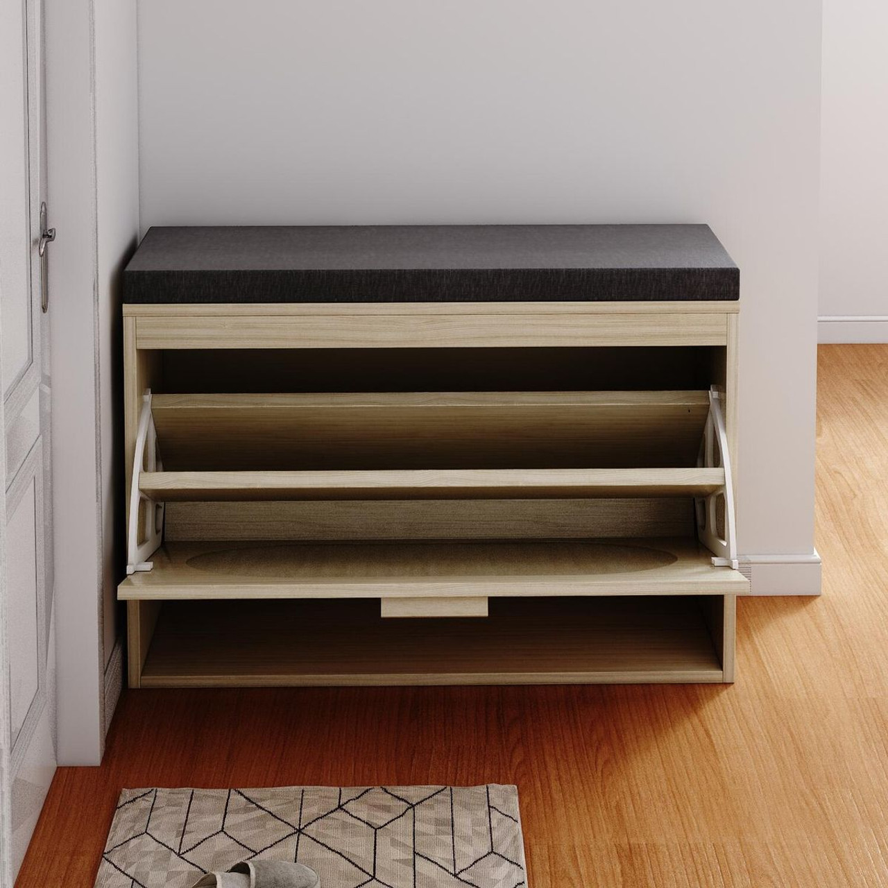 Rattan Shoe Cabinet with Flip Drawer and Padded Seat Cushion product image