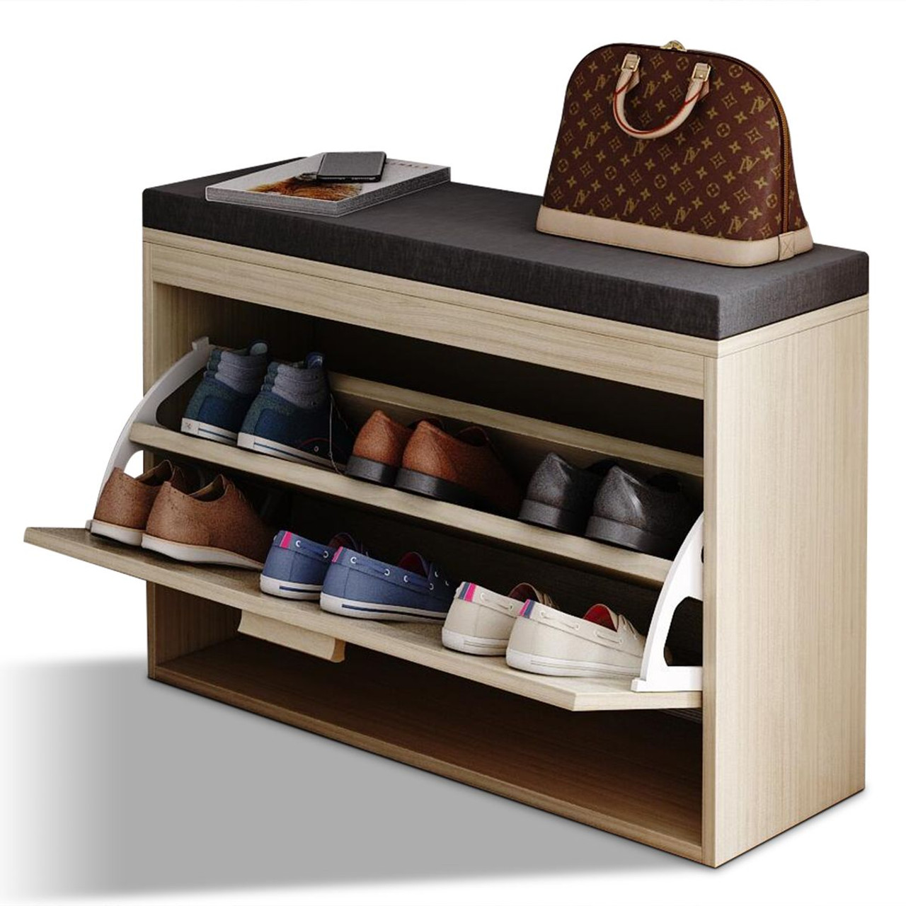 Rattan Shoe Cabinet with Flip Drawer and Padded Seat Cushion product image