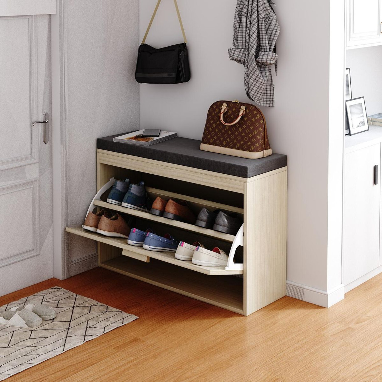 Rattan Shoe Cabinet with Flip Drawer and Padded Seat Cushion product image