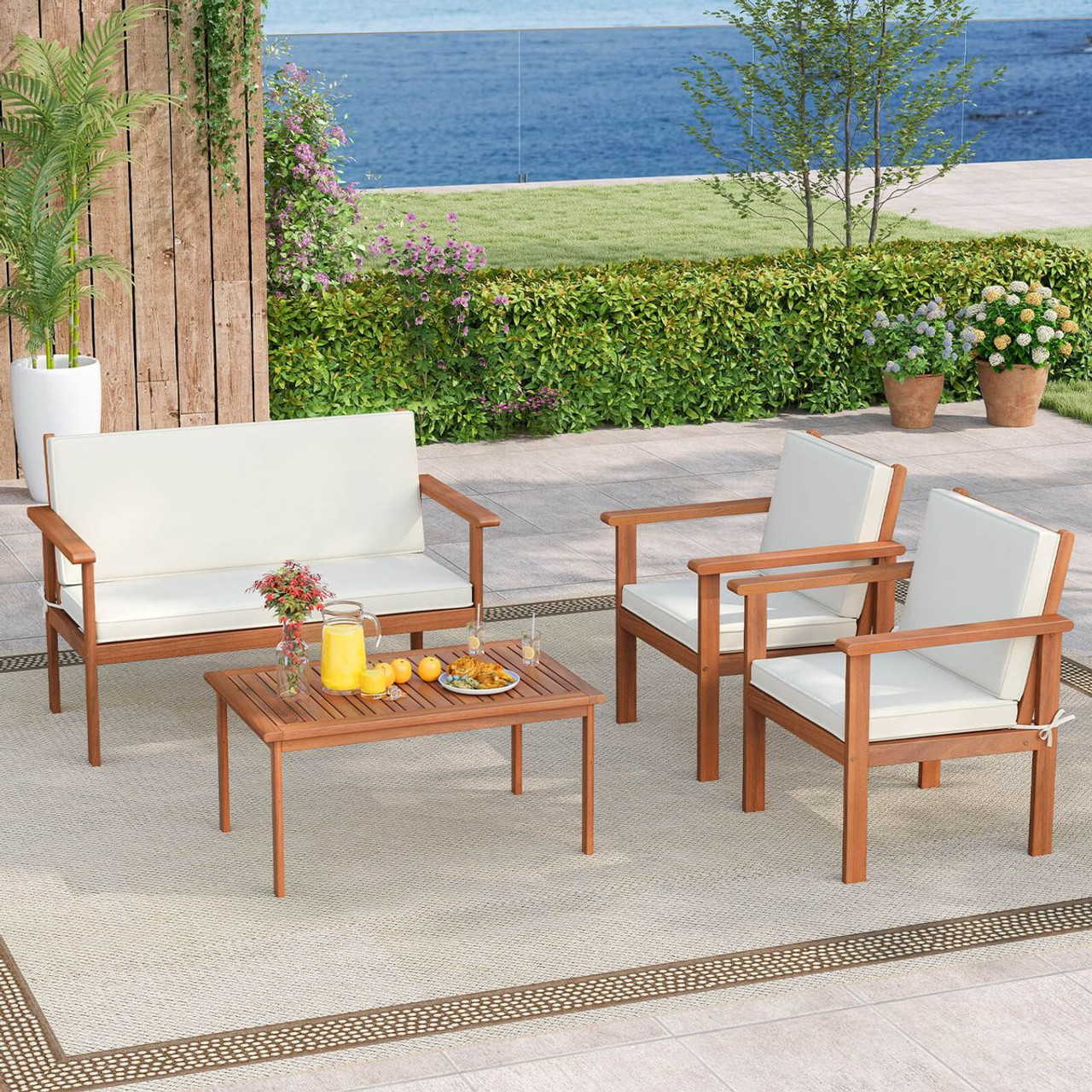 Acacia Wood Conversation Set with Seat and Back Cushions (4- or 8-Piece Set) product image