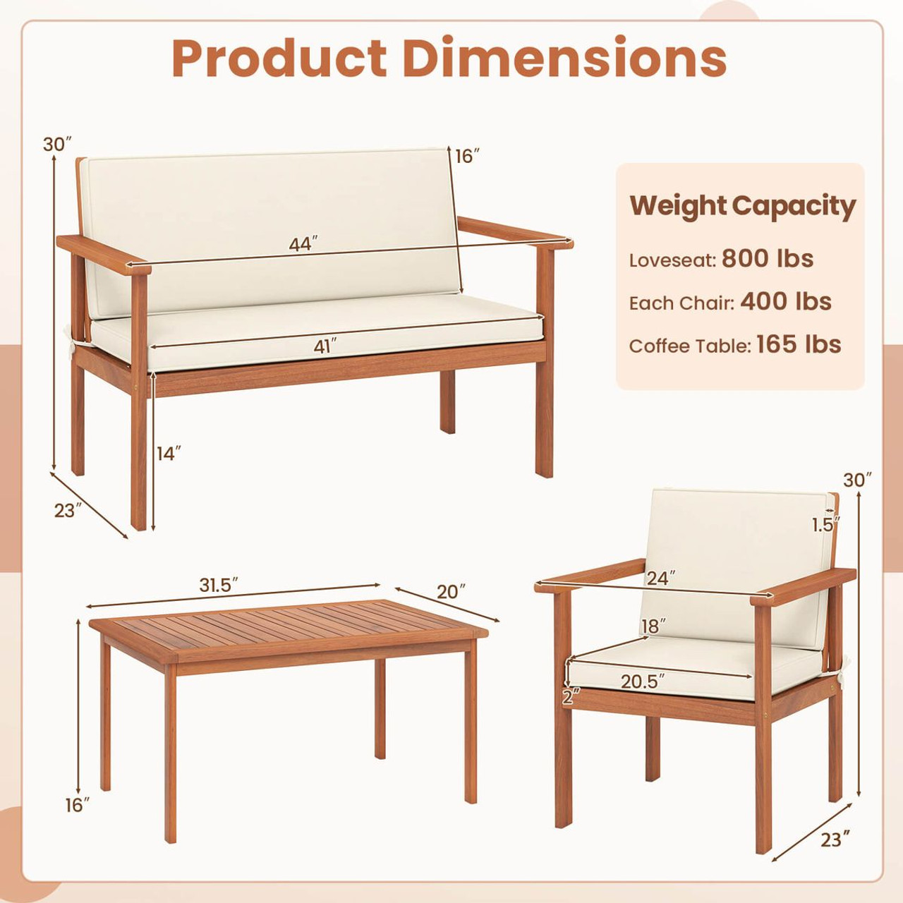 Acacia Wood Conversation Set with Seat and Back Cushions (4- or 8-Piece Set) product image