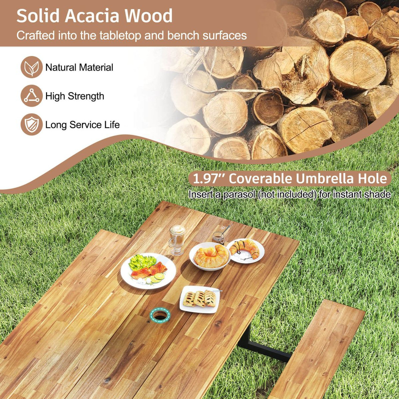 6-Person Acacia Wood Picnic Table with Umbrella Hole product image