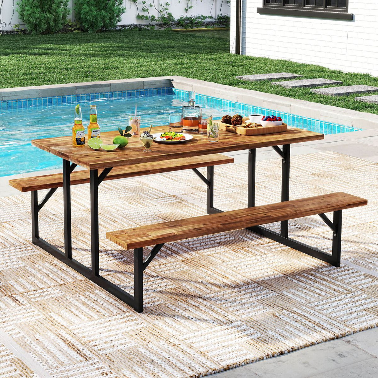 6-Person Acacia Wood Picnic Table with Umbrella Hole product image