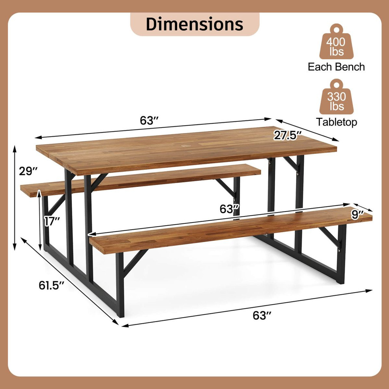 6-Person Acacia Wood Picnic Table with Umbrella Hole product image