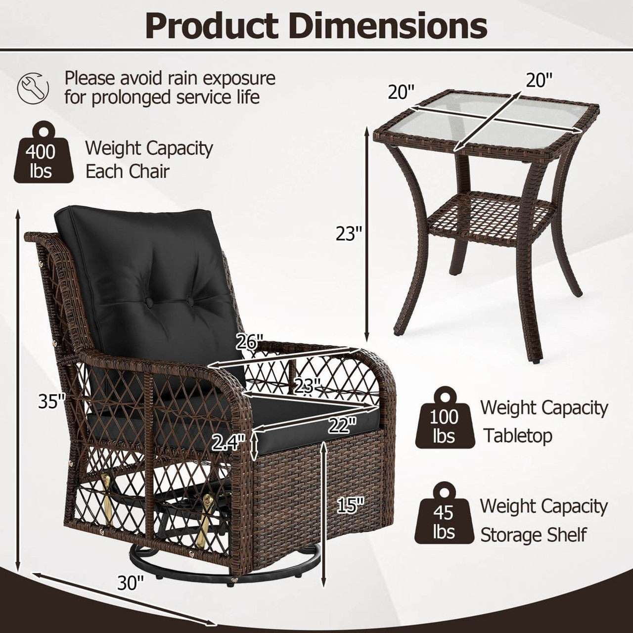 3-Piece Patio Furniture Set with 2-Tier Side Table and Cushions product image