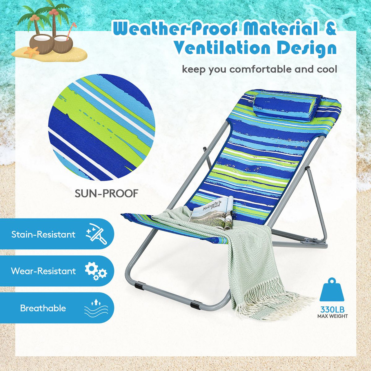 Portable Beach Chair with Headrest and Adjustable Backrest (Set of 2) product image