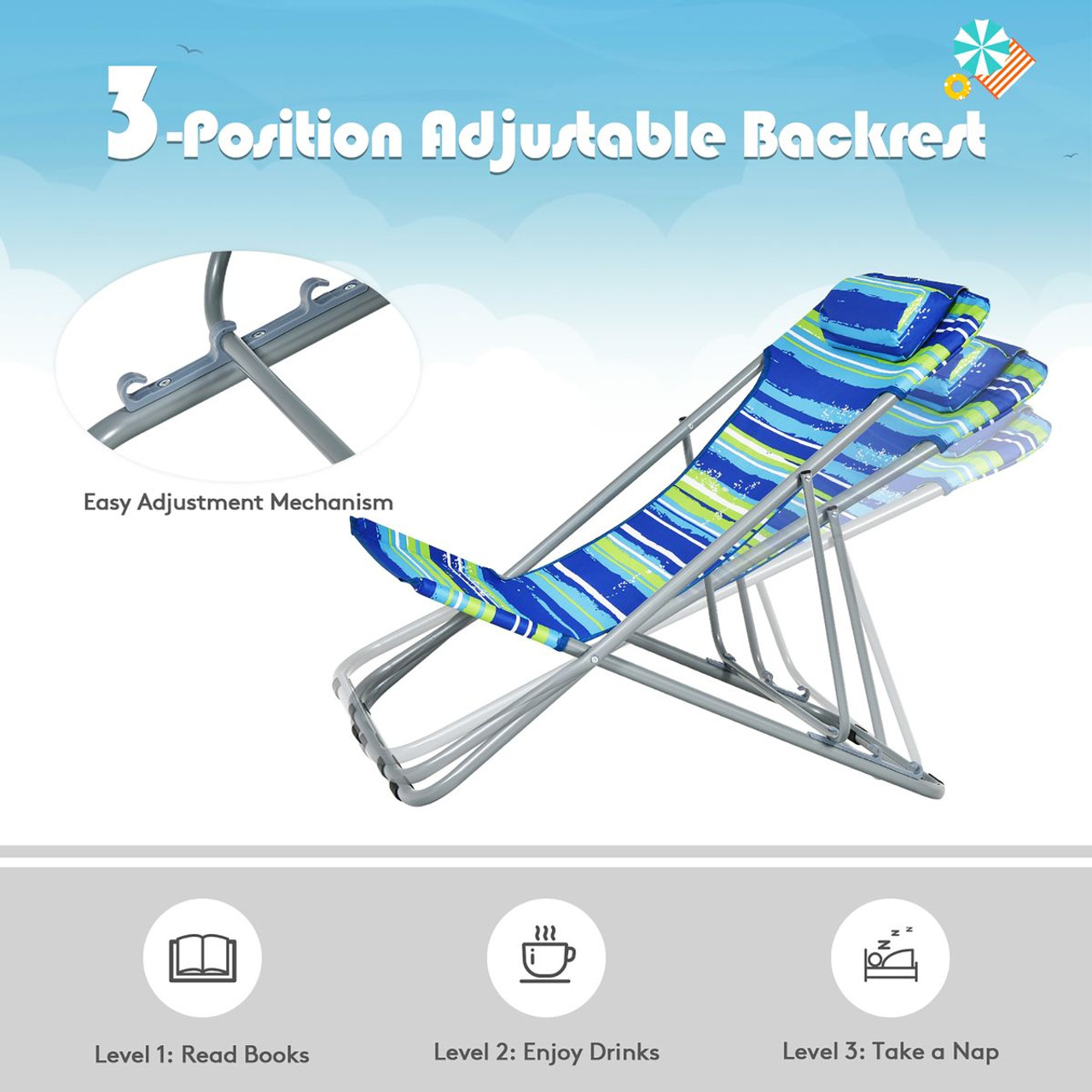 Portable Beach Chair with Headrest and Adjustable Backrest (Set of 2) product image