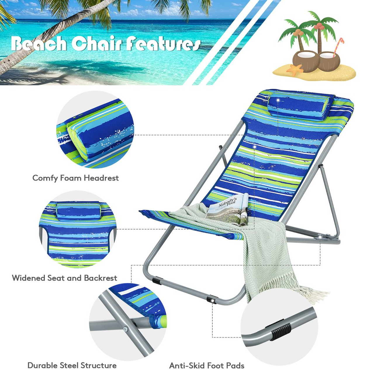 Portable Beach Chair with Headrest and Adjustable Backrest (Set of 2) product image