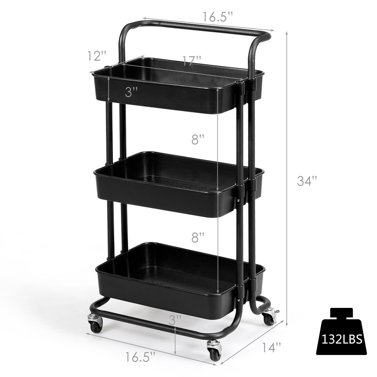 3-Tier Utility Cart Storage Rolling Cart with Casters product image