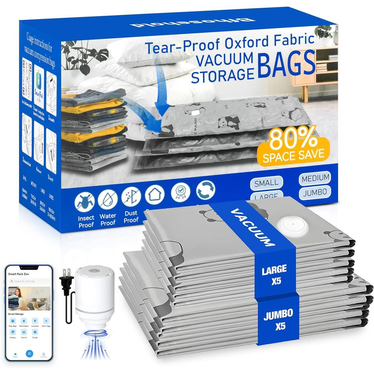 Tear-Proof Vacuum Storage Bags with Pump (5 Jumbo + 5 Large) product image