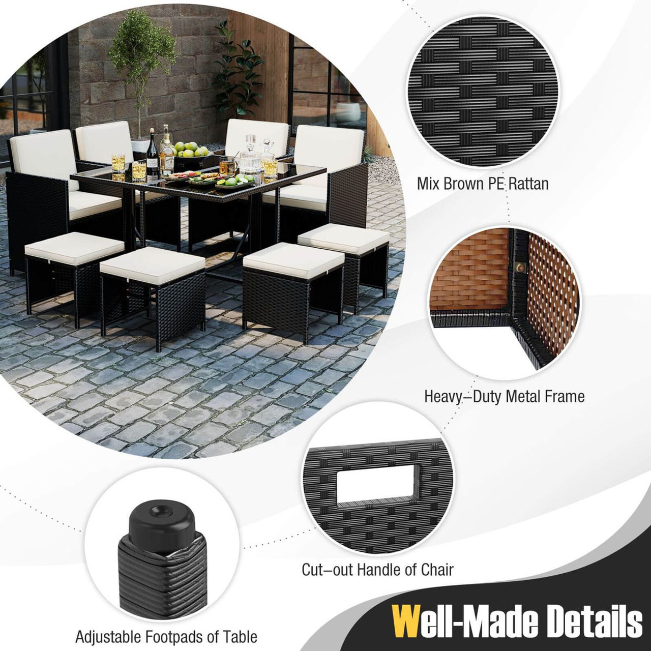 9-Piece Patio Dining Set with Tempered Glass Table and Ottoman product image  9-Piece Patio Dining Set with Tempered Glass Table and Ottoman product image