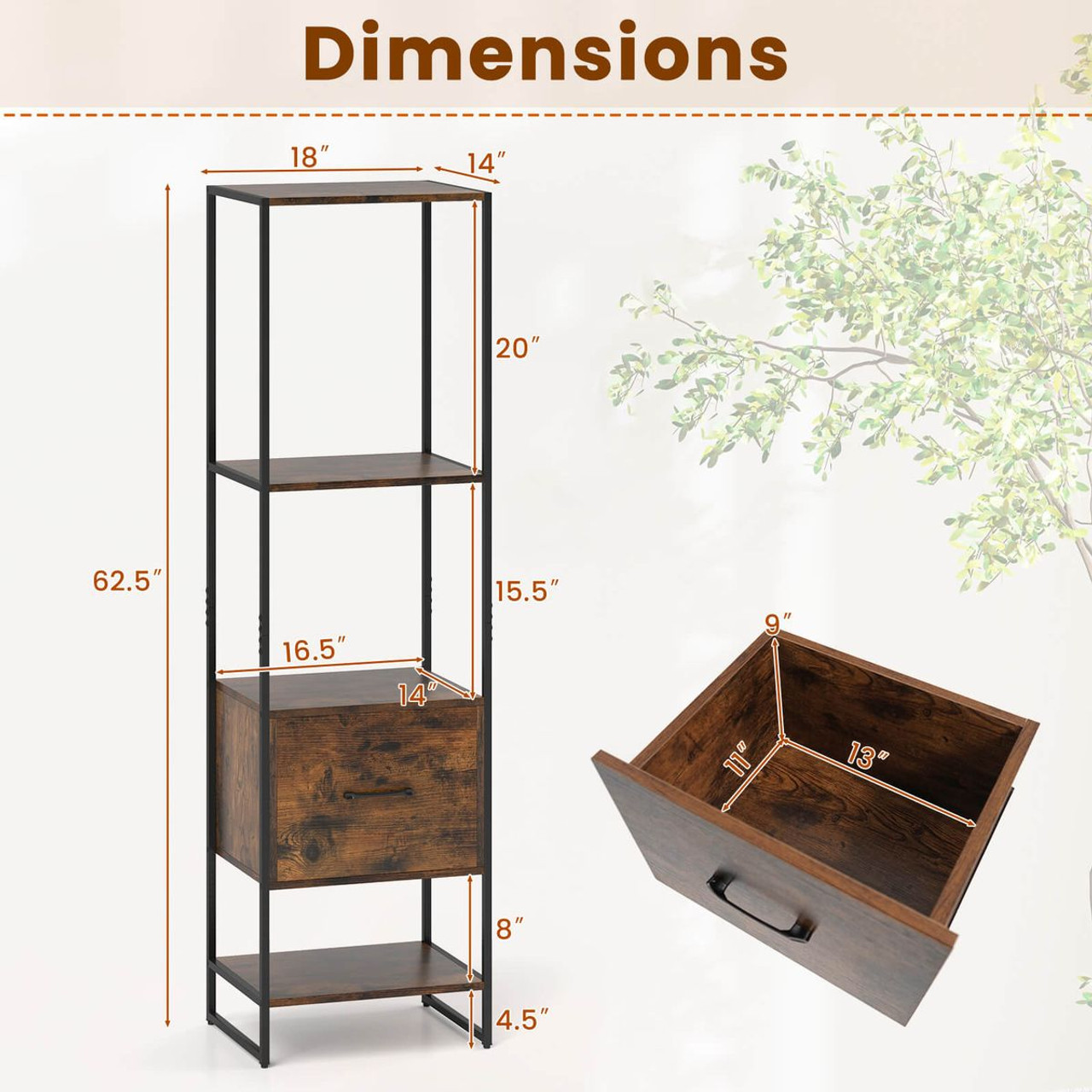 5-Tier Bookshelf with Open Shelves and Drawers product image