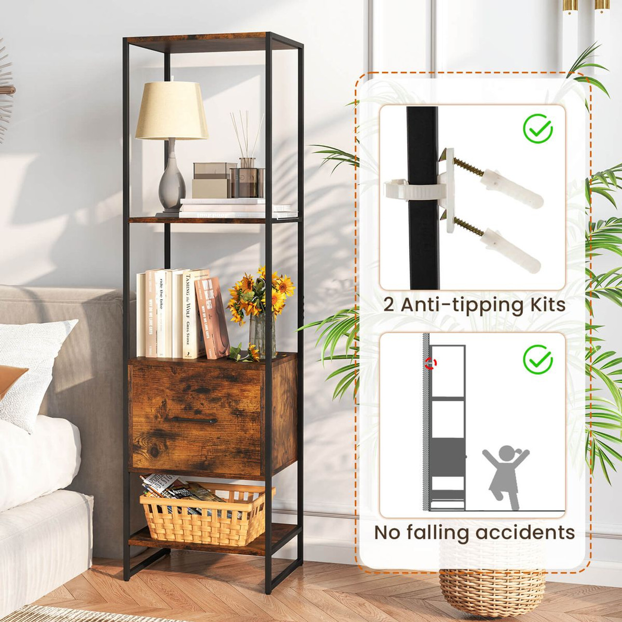 5-Tier Bookshelf with Open Shelves and Drawers product image