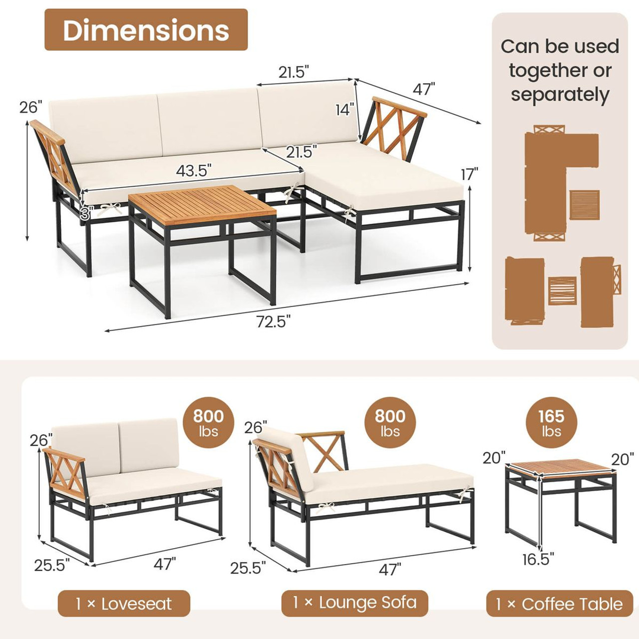 3-Piece L-Shaped Patio Furniture Set with Loveseat  product image