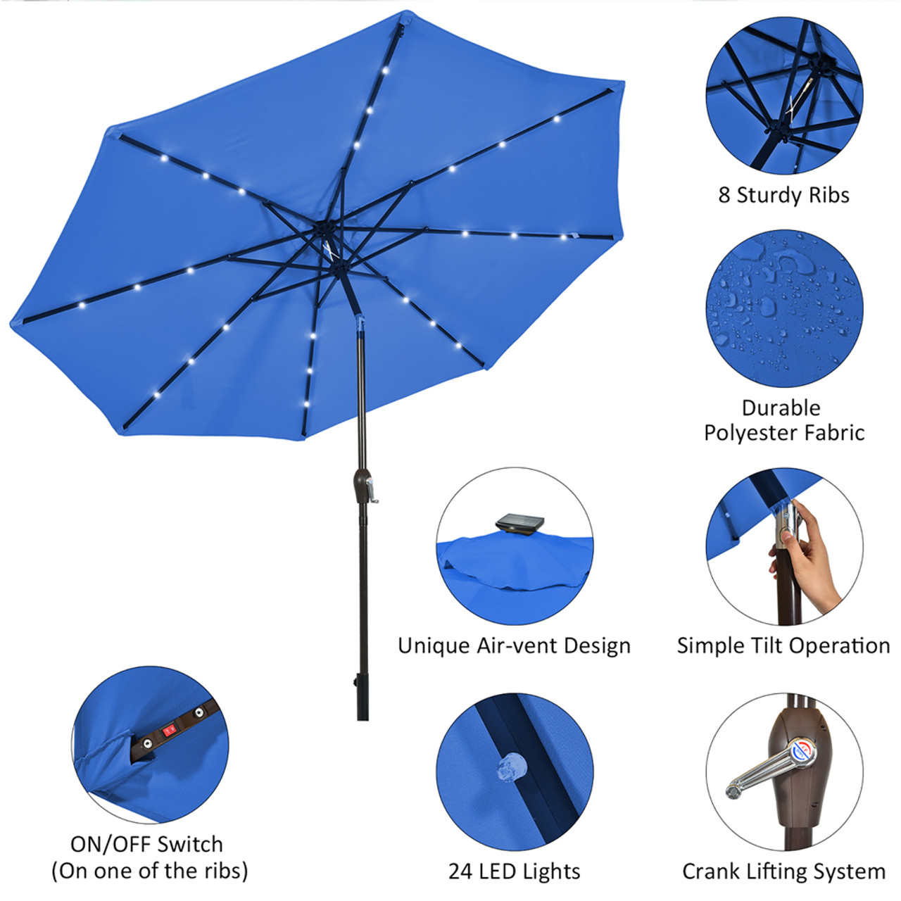10-Foot Solar LED Tilt Patio Umbrella with Crank product image 10-Foot Solar LED Tilt Patio Umbrella with Crank product image