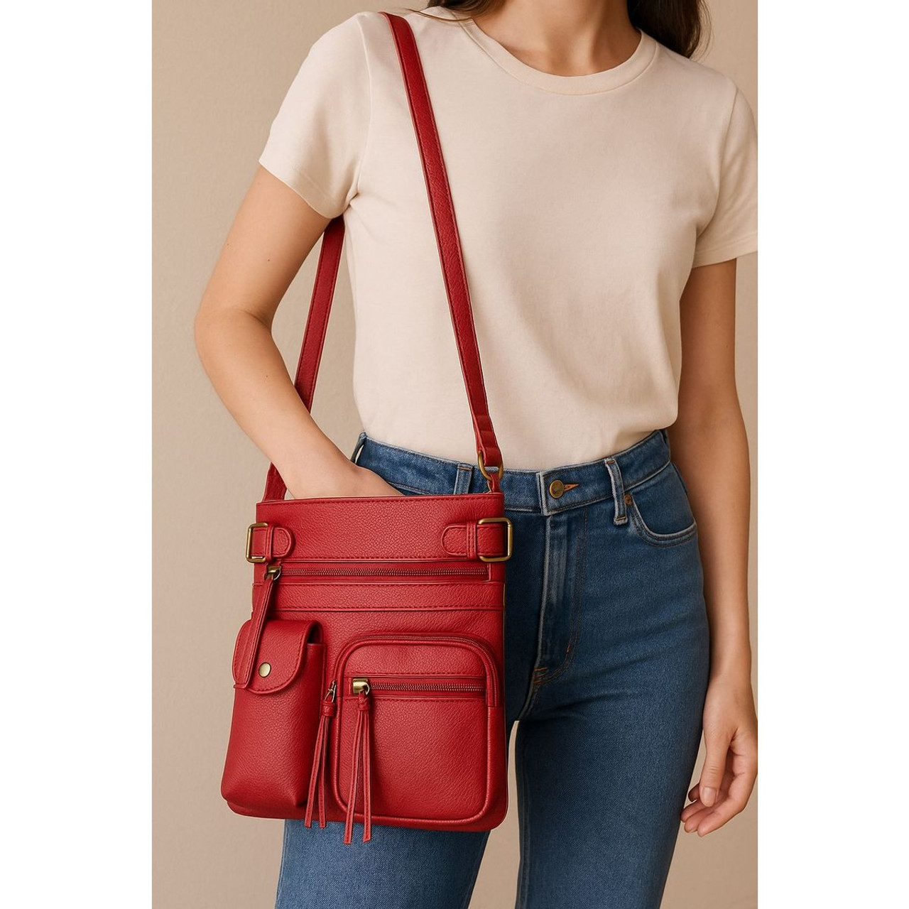 Super Soft Genuine Leather Crossbody Bag with Top Belt Accent product image Super Soft Genuine Leather Crossbody Bag with Top Belt Accent product image