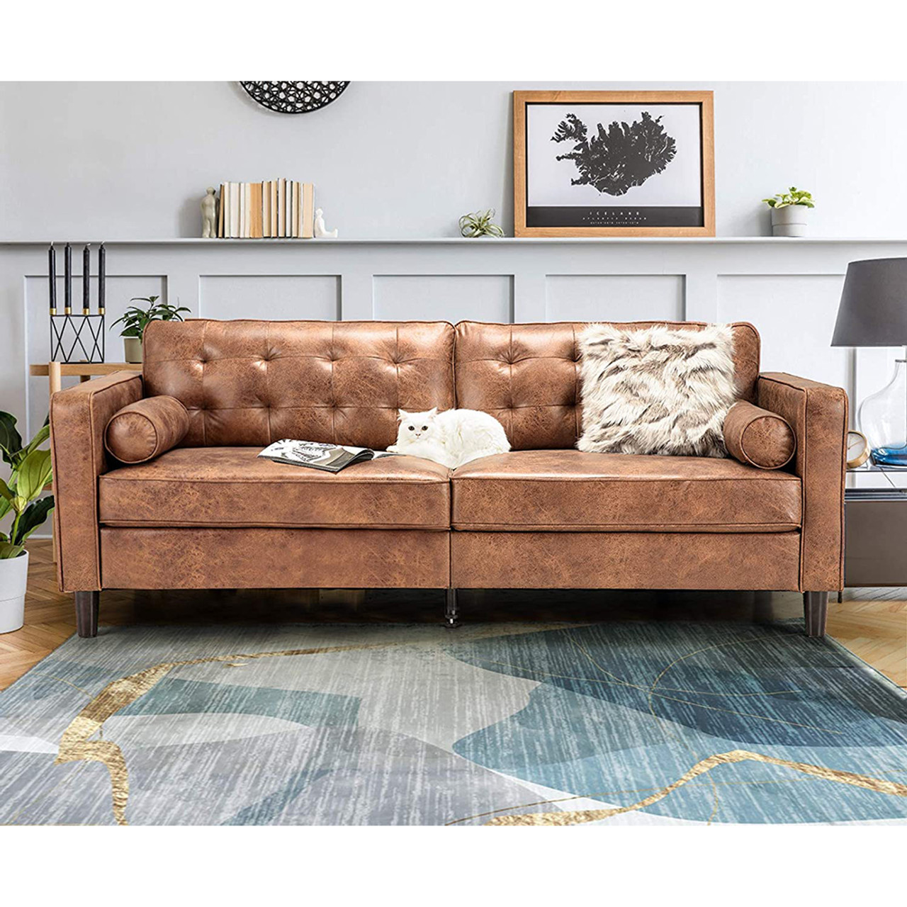 Saddle Brown or Green Velvet 84.2-Inch Mid-Century Sofa product image