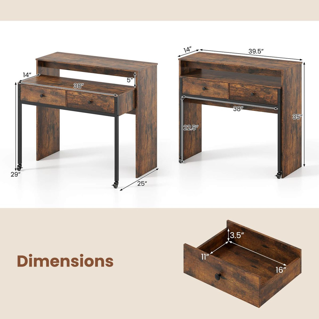 39.5" Expandable Rolling Computer Desk with Monitor Shelf product image