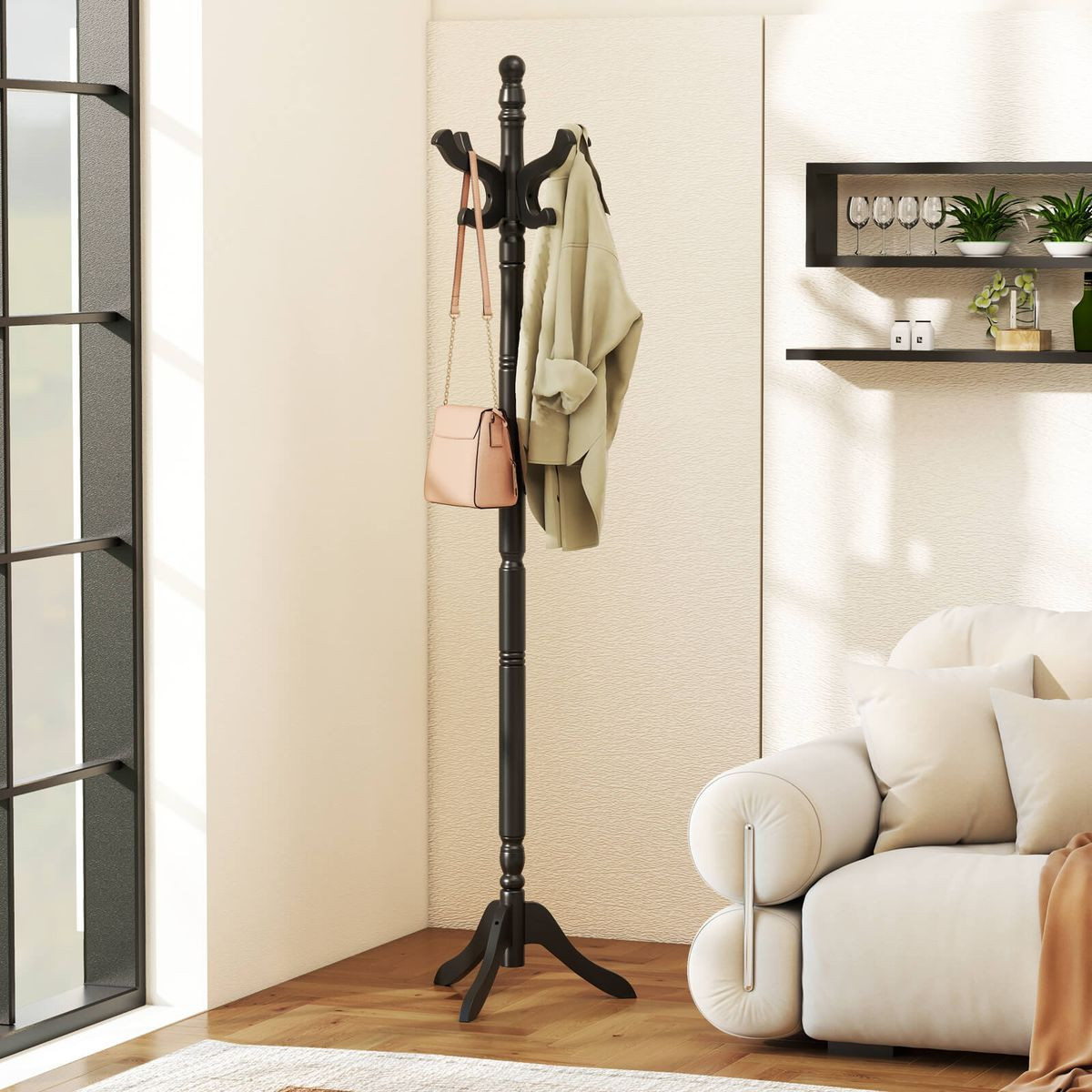 Solid Rubber Wood Coat Rack with 3 Adjustable Heights and 11 Hooks product image