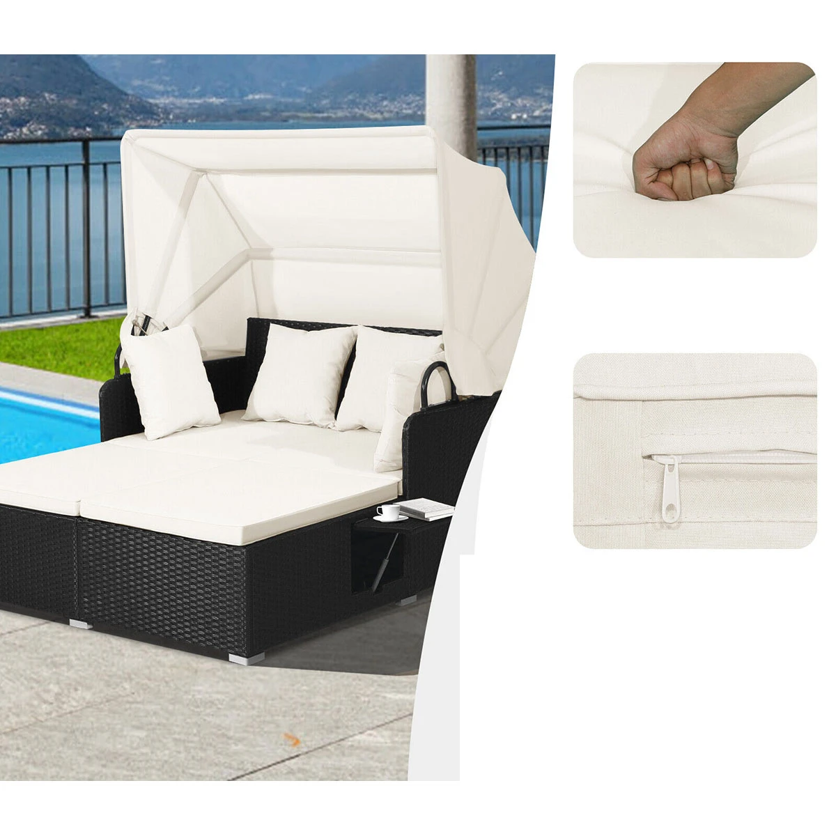Patio Rattan Daybed Lounger with Retractable Canopy and Pop-up Side Tables product image