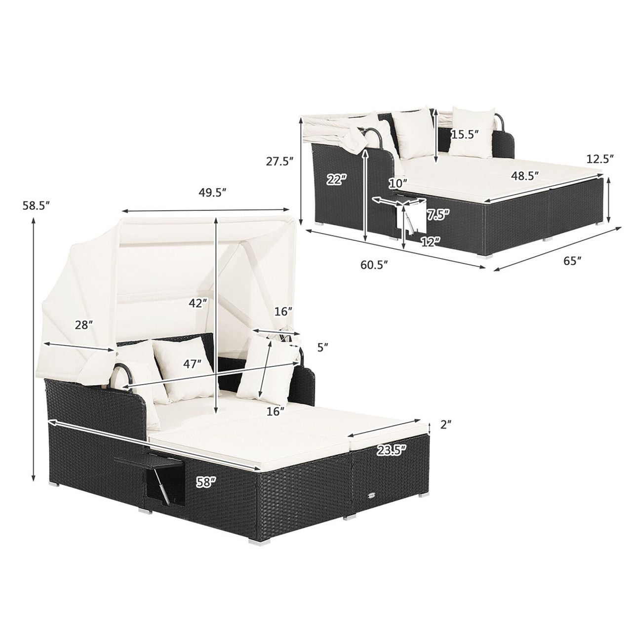Patio Rattan Daybed Lounger with Retractable Canopy and Pop-up Side Tables product image
