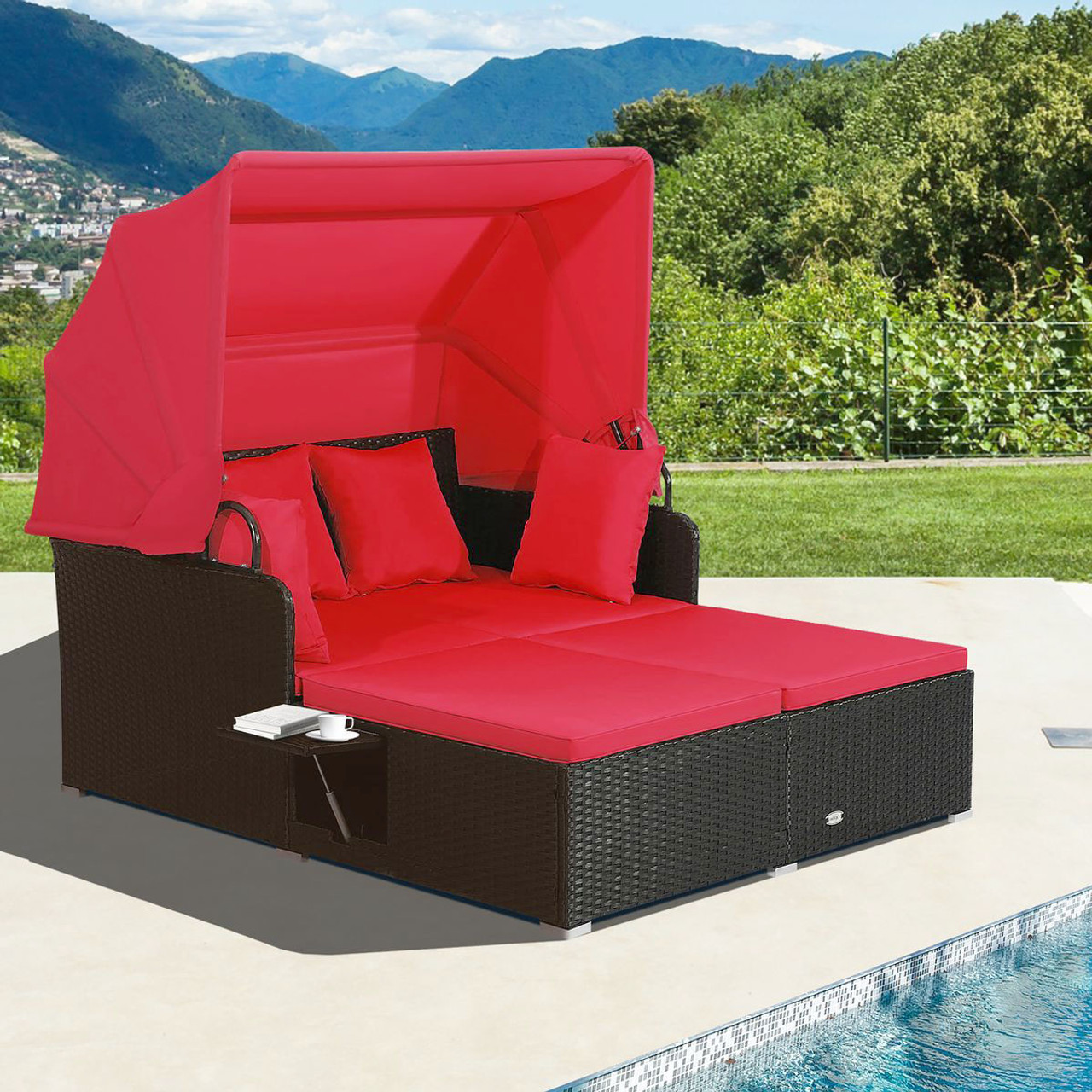 Patio Rattan Daybed Lounger with Retractable Canopy and Pop-up Side Tables product image