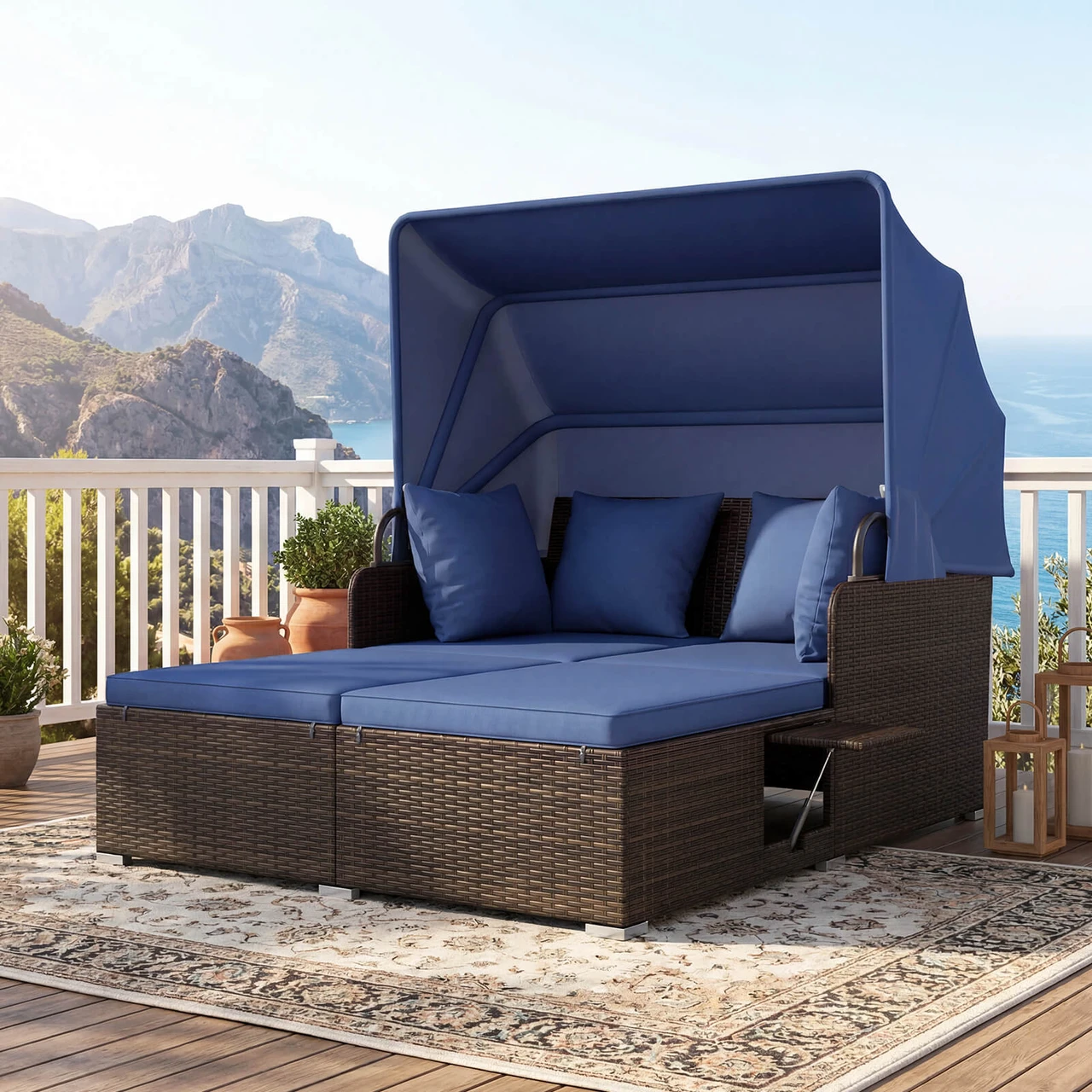 Patio Rattan Daybed Lounger with Retractable Canopy and Pop-up Side Tables product image