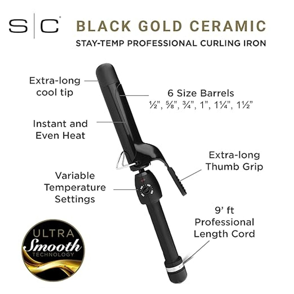StyleCraft Stay-Temp Black Gold Professional Curling Iron  product image