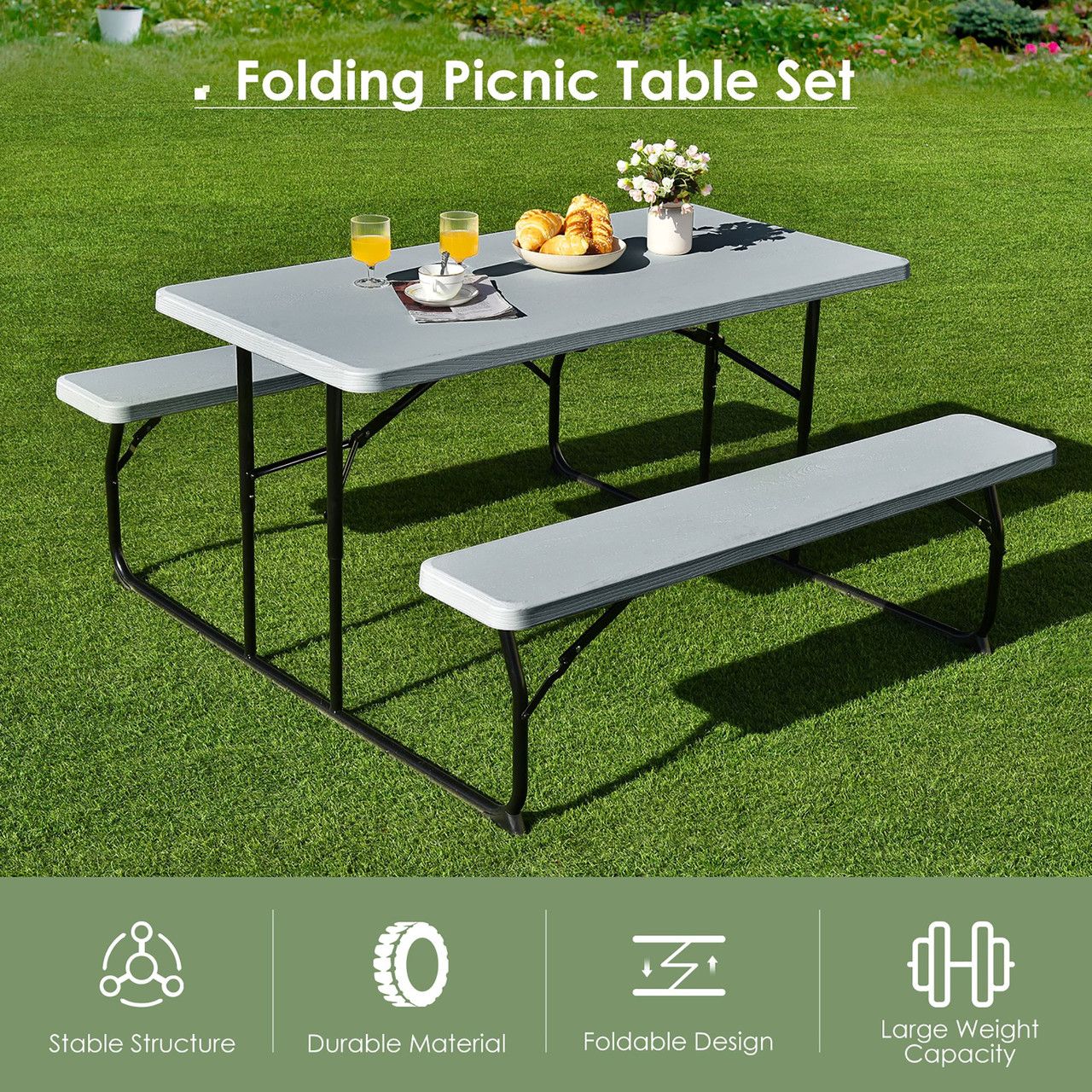 Folding Picnic Table Bench Set with Wood-Like Texture product image