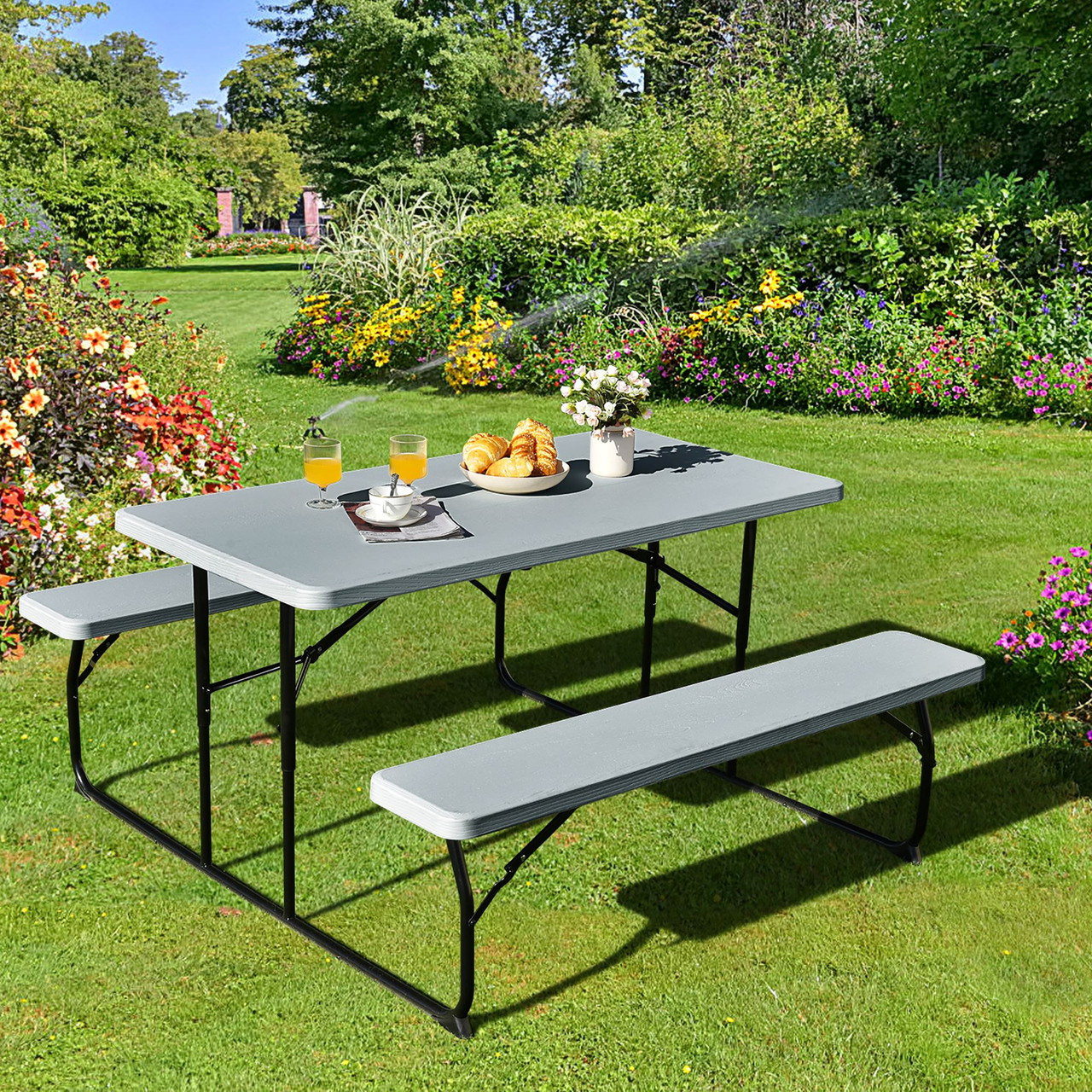 Folding Picnic Table Bench Set with Wood-Like Texture product image
