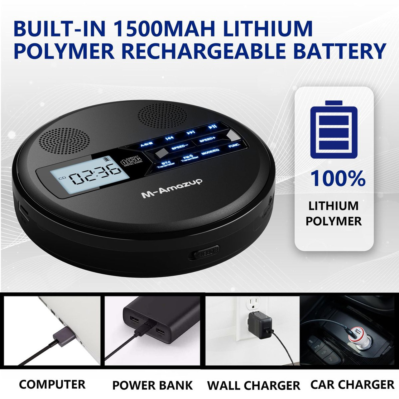 Rechargeable Portable CD Player with Dual Speakers and Anti Skip,CD,Dual Bluetooth,FM Transmission,USB,AUX,LCD Display,Backlit Button,Repeat-Black product image Rechargeable Portable CD Player with Dual Speakers and Anti Skip,CD,Dual Bluetooth,FM Transmission,USB,AUX,LCD Display,Backlit Button,Repeat-Black product image