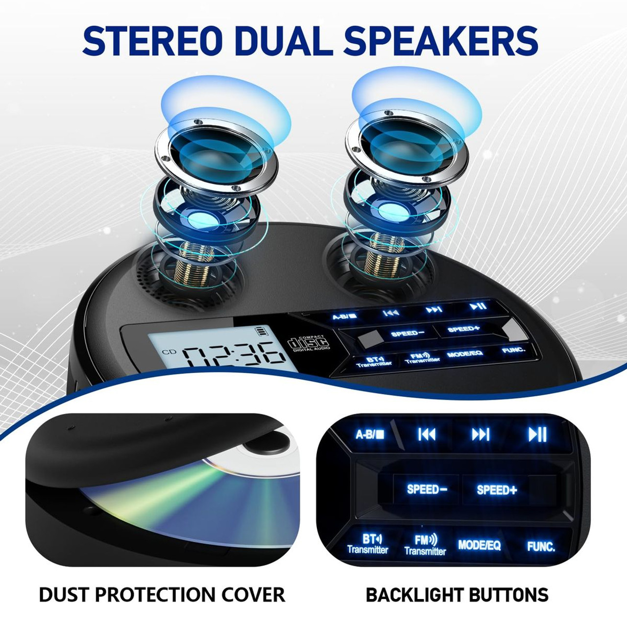 Rechargeable Portable CD Player with Dual Speakers and Anti Skip,CD,Dual Bluetooth,FM Transmission,USB,AUX,LCD Display,Backlit Button,Repeat-Black product image Rechargeable Portable CD Player with Dual Speakers and Anti Skip,CD,Dual Bluetooth,FM Transmission,USB,AUX,LCD Display,Backlit Button,Repeat-Black product image