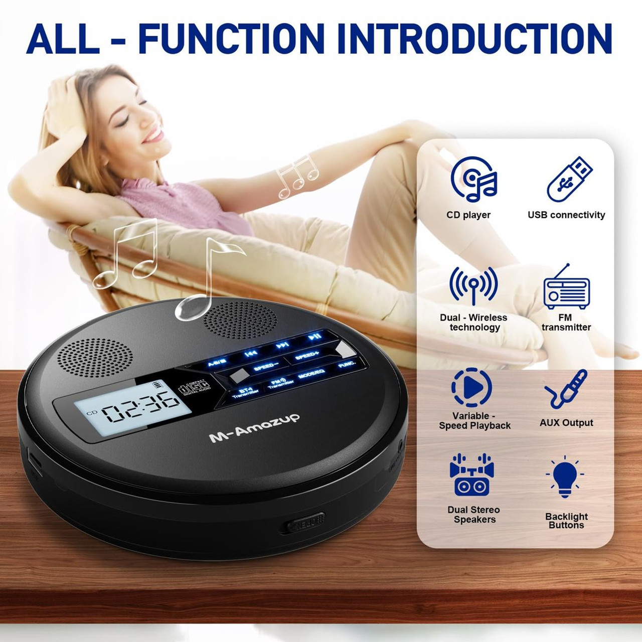 Rechargeable Portable CD Player with Dual Speakers and Anti Skip,CD,Dual Bluetooth,FM Transmission,USB,AUX,LCD Display,Backlit Button,Repeat-Black product image Rechargeable Portable CD Player with Dual Speakers and Anti Skip,CD,Dual Bluetooth,FM Transmission,USB,AUX,LCD Display,Backlit Button,Repeat-Black product image