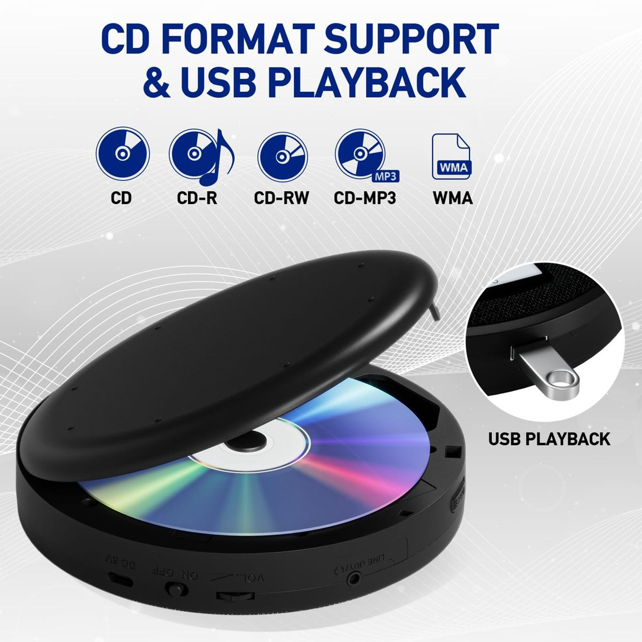 Rechargeable Portable CD Player with Dual Speakers and Anti Skip,CD,Dual Bluetooth,FM Transmission,USB,AUX,LCD Display,Backlit Button,Repeat-Black product image Rechargeable Portable CD Player with Dual Speakers and Anti Skip,CD,Dual Bluetooth,FM Transmission,USB,AUX,LCD Display,Backlit Button,Repeat-Black product image